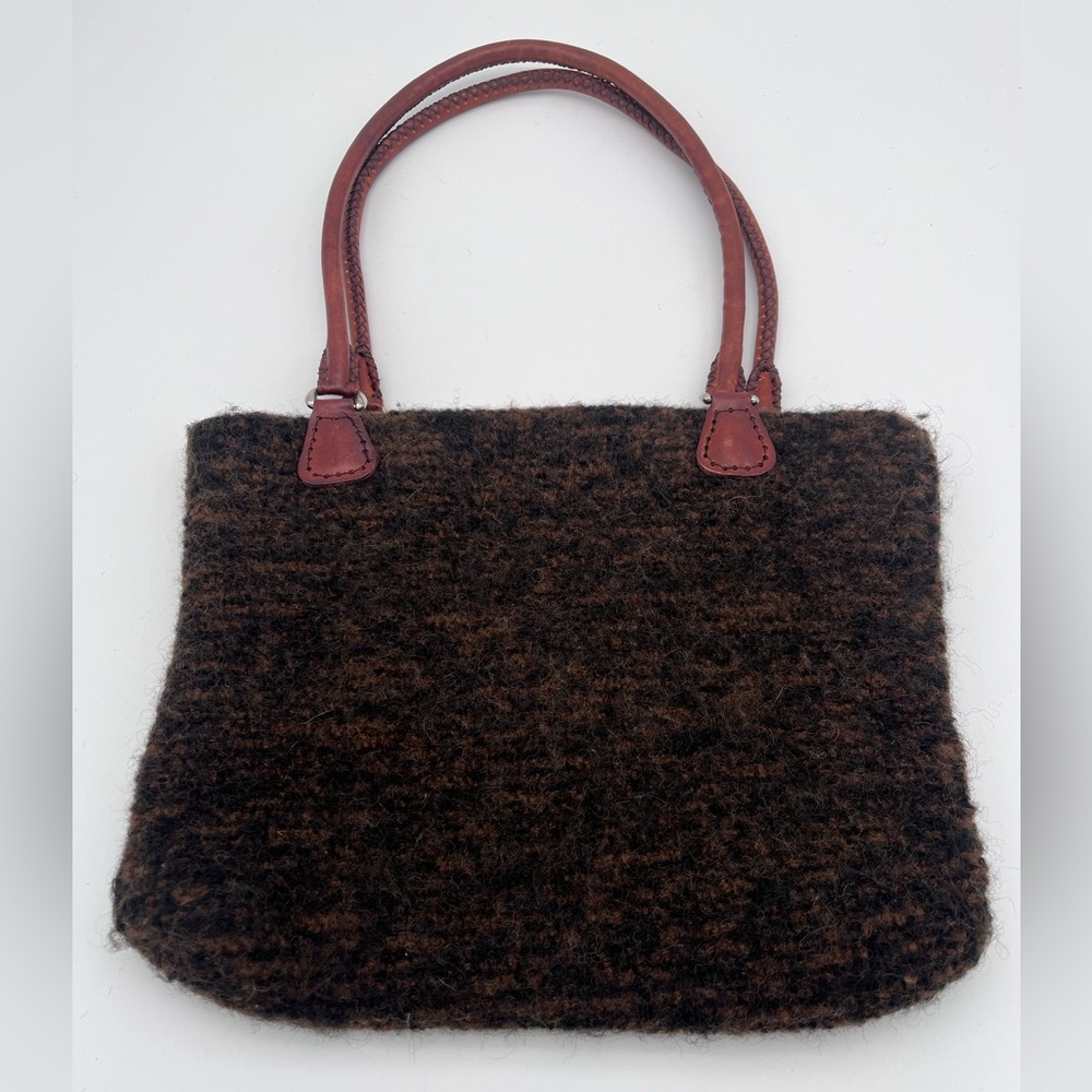 Artsy Brown Woolen Handbag with leather handles and magnetic snap closure